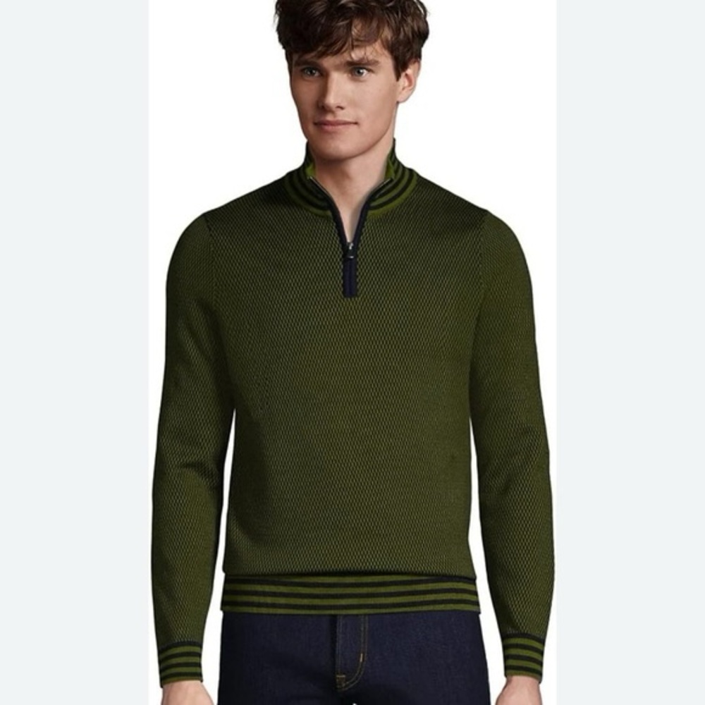 Lands'‎ End Men’s Fine-Gauge Supima Cotton Quarter-Zip Sweater Green Stripe XXL
